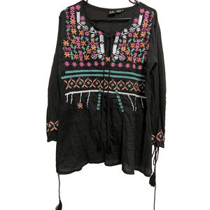 F.R FASHION black cotton embroidered blouse top tunic boho beachy size M A000155